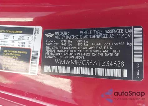 2010 Mini Cooper S из США, поврежденный, VIN WMWMF7C56ATZ34628